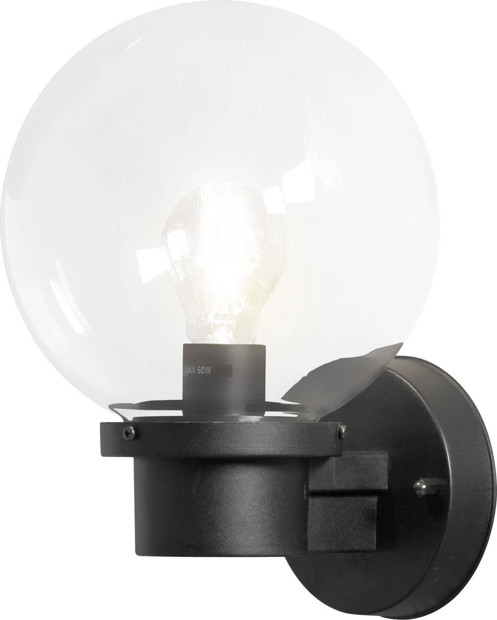 Black wall light with a round, transparent glass shade enclosing a light bulb. Ideal for contemporary interior lighting.