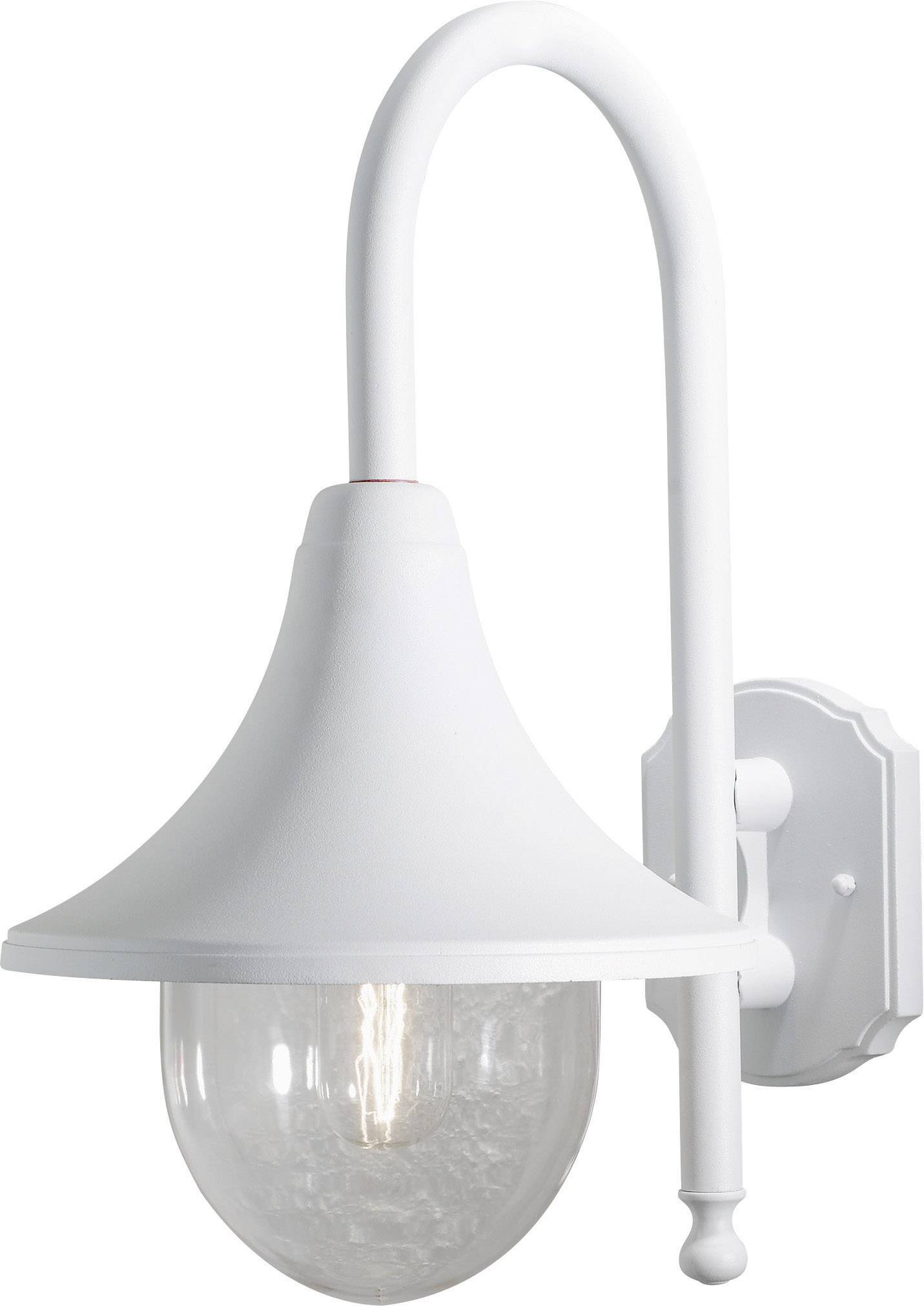 White wall light in a classic style with a transparent glass globe and visible light source, mounted on a wall bracket.
