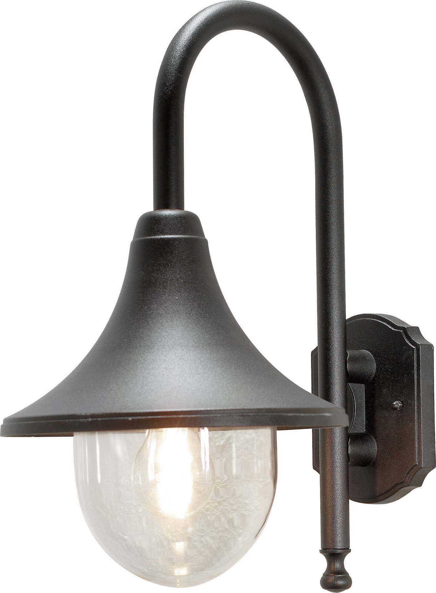 Black wall light with curved arm and round, glass lampshade; suitable for outdoor use. Provides soft illumination.