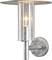A metal wall light with a cylindrical, transparent glass casing and a visible illuminated light bulb.