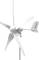 Small, white wind turbine with multiple blades and text on the tail, suitable for generating sustainable energy.