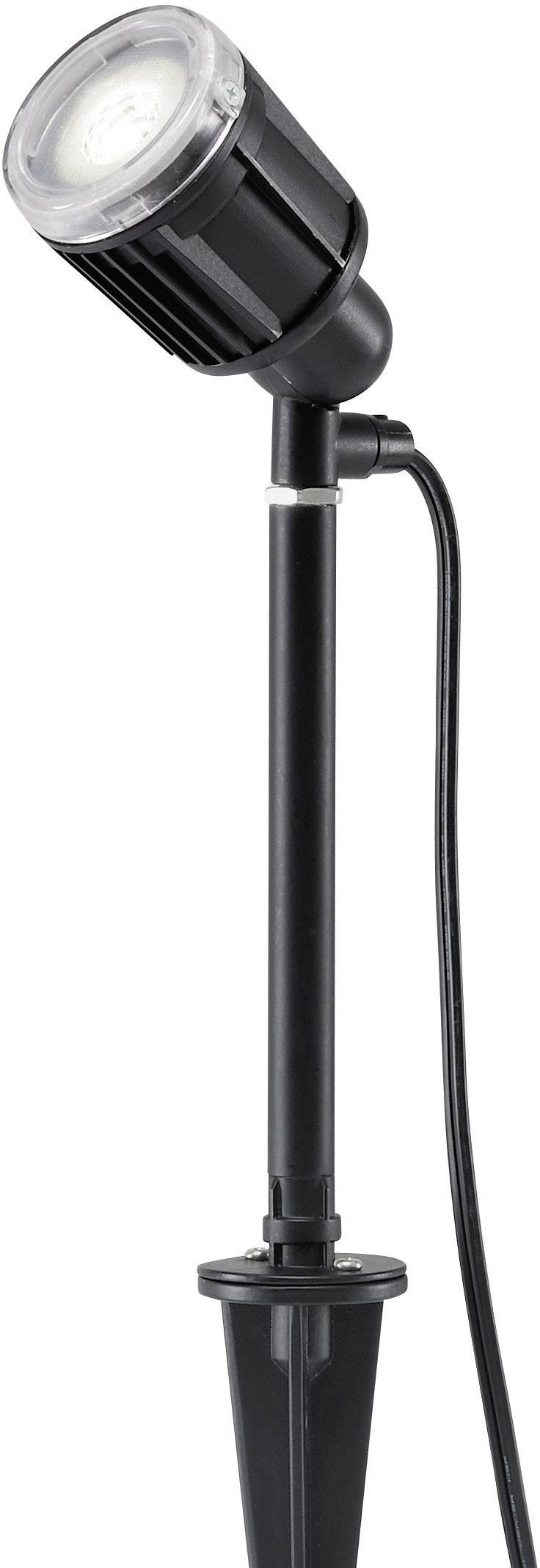 A black, adjustable outdoor spotlight with ground spike and cable, suitable for illuminating gardens or pathways.