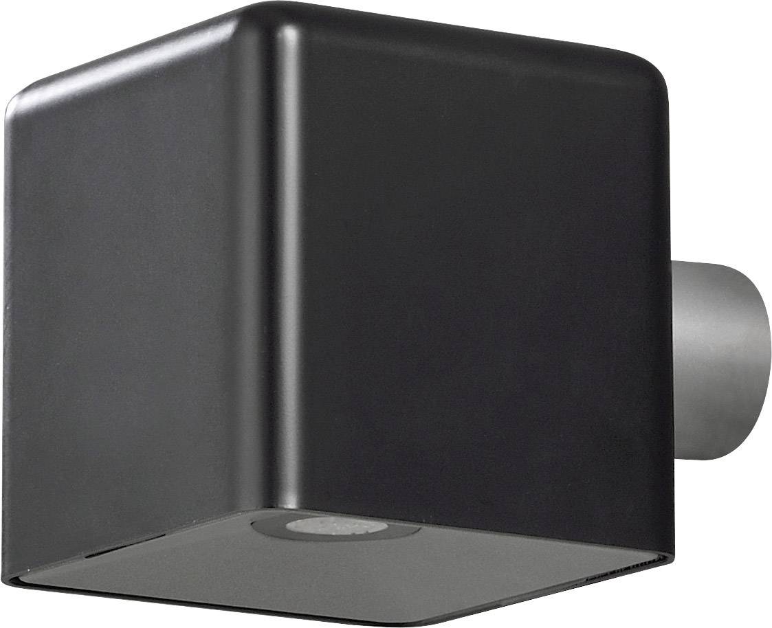 Black, cube-shaped hairdryer mounted on the wall, image shows the front side with air outlet and side view of the blower.