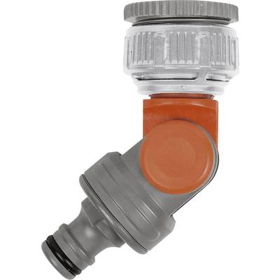 A red and grey garden hose connector with an adjustable joint. Used to connect two hoses.