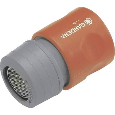 Water tap connector with grey seal and orange housing, marked 'Gardena' with an arrow indicating flow direction.