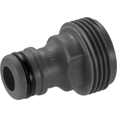 A grey plastic hose coupling with a threaded end on one side and a rubber seal on the other side, for garden irrigation.