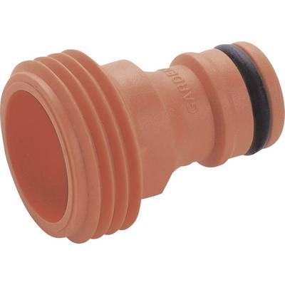 An orange garden hose connector with a thread and black sealing ring, used for connecting water hoses.