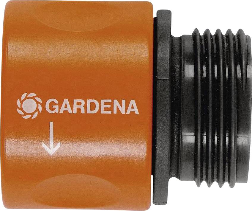 An orange Gardena adapter for connecting garden hoses, showing an arrow direction for easy installation.