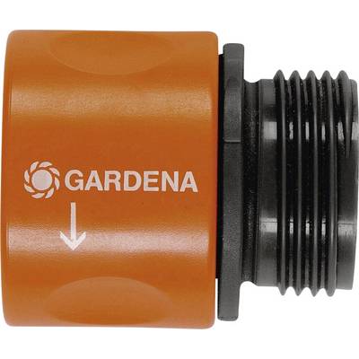 An orange Gardena adapter for connecting garden hoses, showing an arrow direction for easy installation.