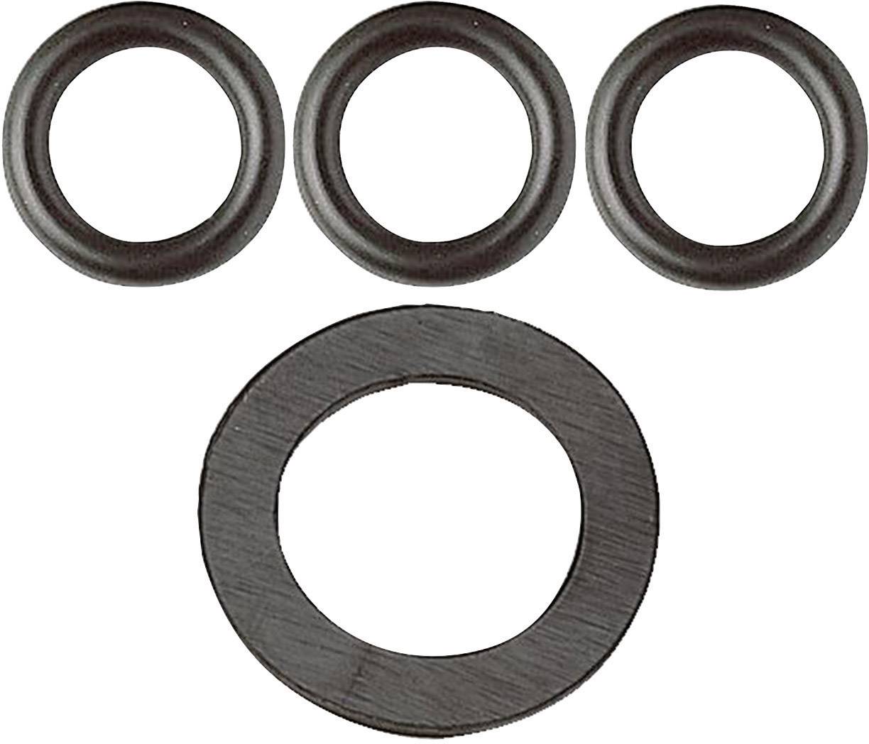 Four black sealing rings, three small ones positioned at the top and one large one centrally placed at the bottom, on a white background.