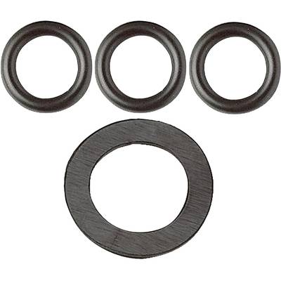 Four black sealing rings, three small ones positioned at the top and one large one centrally placed at the bottom, on a white background.