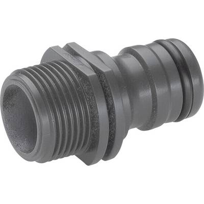 Plastic hose adaptor with external thread, black, cylindrical shape, groove for secure grip, used in water systems.