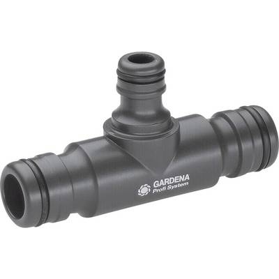 A black Gardena Professional System hose connector with three connections, suitable for joining garden hoses.