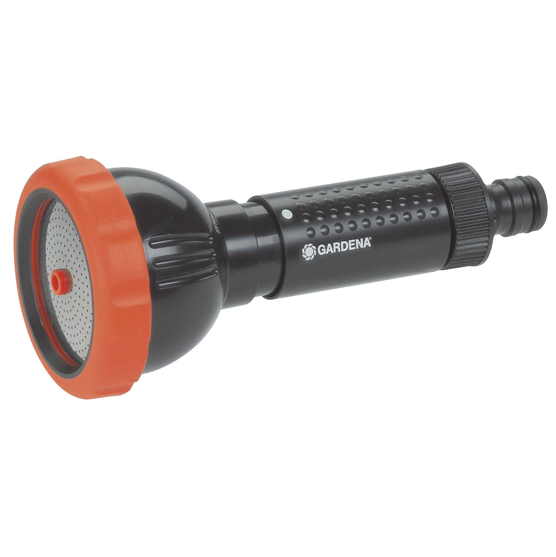 A black irrigation spray head with an orange rim and perforated nozzle, suitable for gardening tasks.