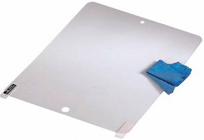 Transparent protective film with blue cleaning cloth corner on white background.