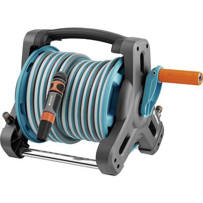 Garden hose on a portable hose reel with a crank and handle for easy watering and storage.