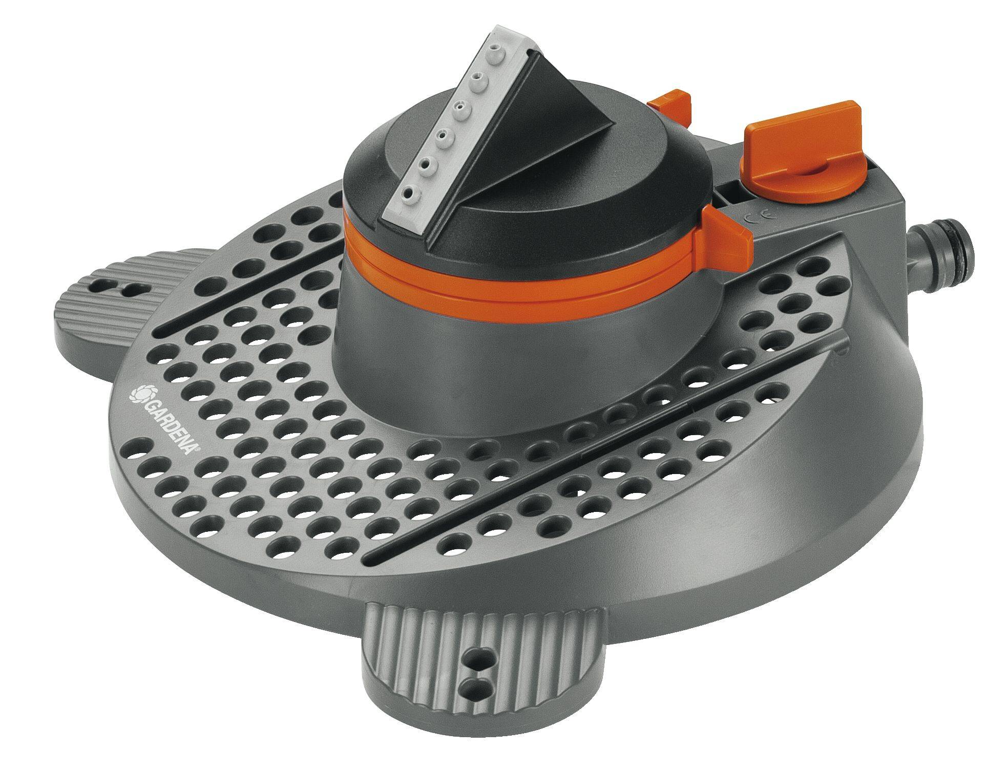 Grey garden sprinkler with orange accents, featuring a round rotating head on a flat base with holes for even water distribution.