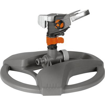'Plastic garden sprinkler on a sturdy stand, with adjustable spray direction and water volume control in black and orange.'
