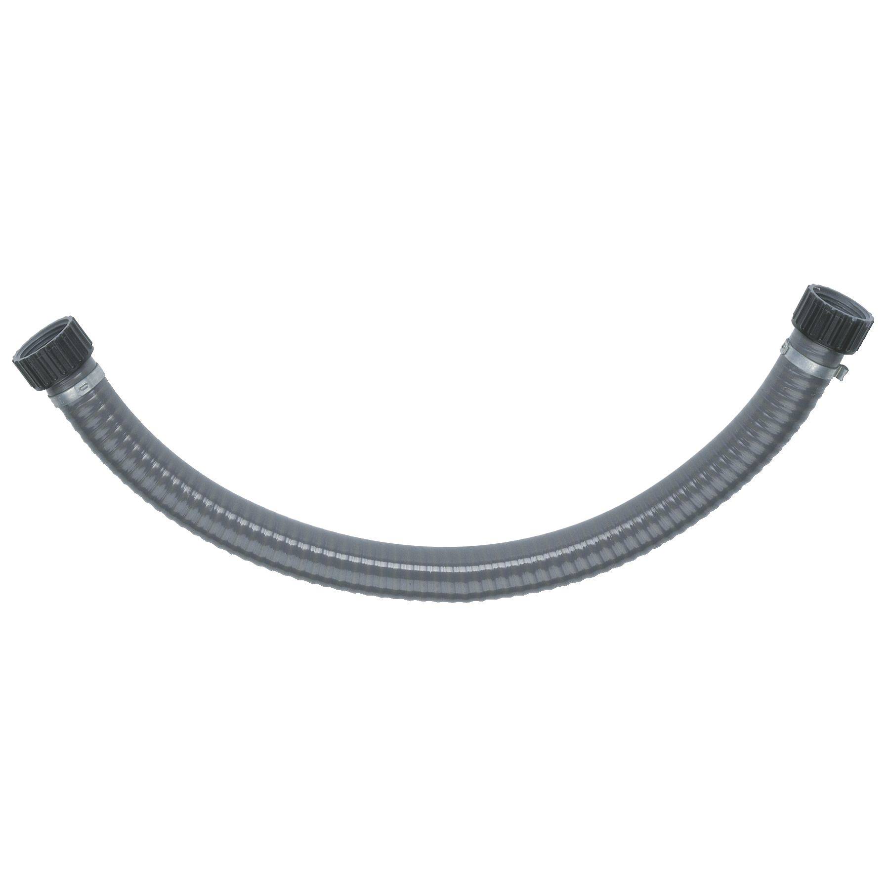 Flexible plastic pipe with screw closures at both ends, slightly curved.