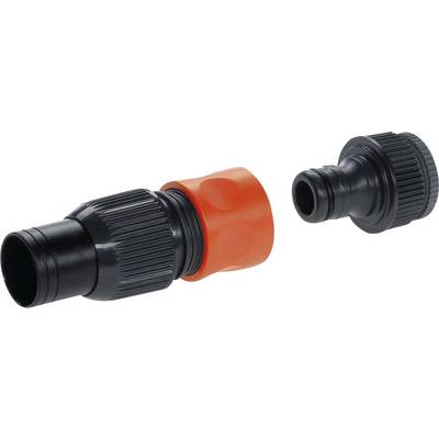 Two plastic connectors, one black with an orange handle, lying side by side, suitable for a tubing system.