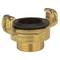 Brass quick-release coupling with two gripping arms and threaded connection for hose attachments, commonly used in water supply systems.