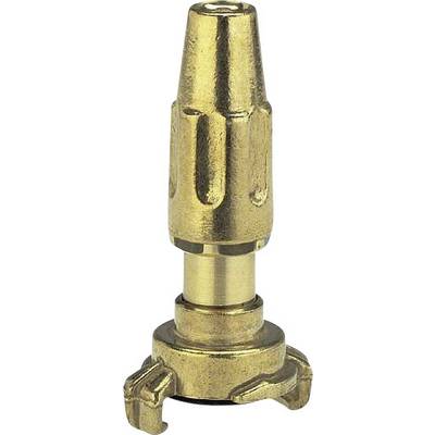 A brass hose connector with a claw, vertically positioned. Suitable for securely connecting water hoses to equipment.