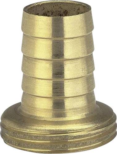 A brass hose connector with multiple grooves and a wide base. Suitable for connecting hoses in plumbing applications.