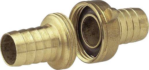 Two brass hose couplings designed for connecting hoses or pipes. They have ribbed ends for secure gripping.