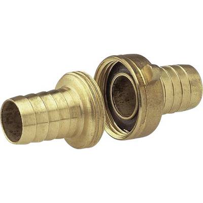 Brass hose coupling with push-fit system. Left-hand side male connection and right-hand side female connection, suitable for water hoses.
