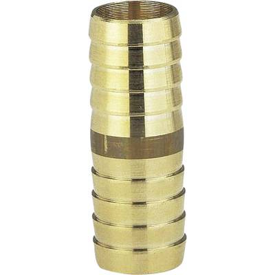 Brass hose connector, cylindrical in shape with multiple grooves for secure attachment of hoses in pump systems.