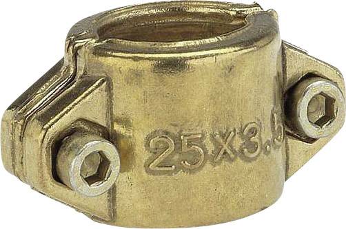 Brass-coloured pipe clip with the inscription '25X3.5', secured laterally with two screws.