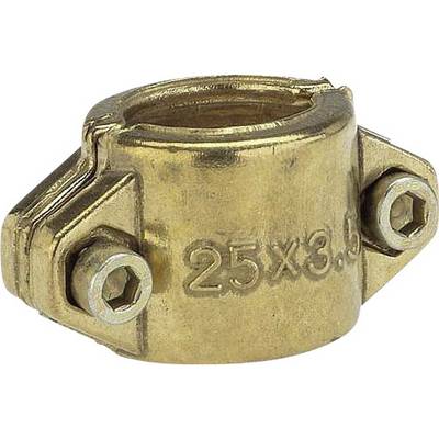 Brass pipe clip with two screws, deeply engraved with '25x3.5'.