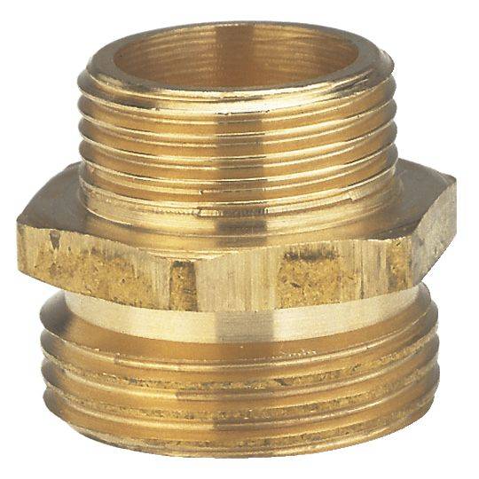 Brass reducing nipple with external threads on both ends, used for pipe connection. Cylindrical shape with different diameters.