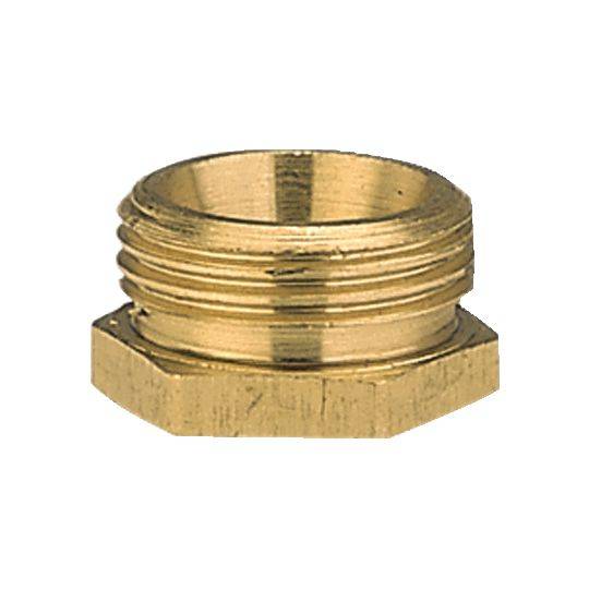 A hexagonal brass reducing fitting, commonly used in plumbing installations, with external threads for connecting pipes of different sizes.