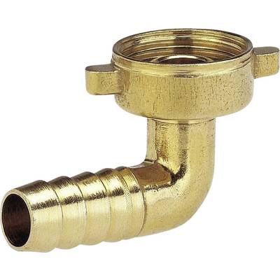 Brass hose nozzle in an angled shape, with a smooth inner surface and ribbed outer surface; used for connecting hoses to systems.