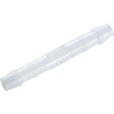 Transparent plastic pipe connector, elongated in shape with ribbed ends for securing to pipes, used in garden or sanitary installations.