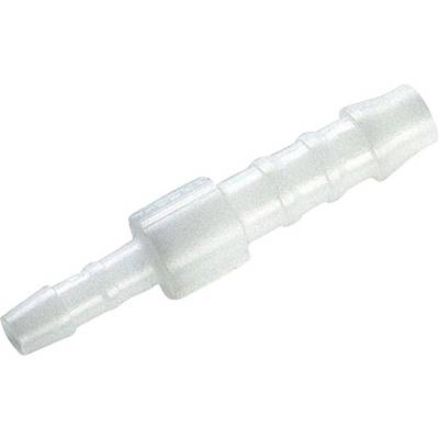 A white plastic tube connector with a ribbed surface for securely connecting hoses.