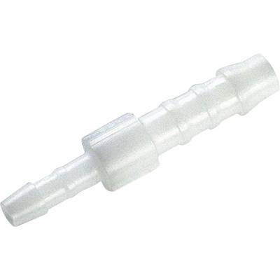 A white plastic connector with multiple grooves for hoses.
