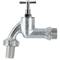 Silver-coloured tap with a rotary knob and threaded connection, suitable for garden hoses.