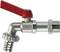 A silver tap with a red lever handle and threaded connection, suitable for garden hoses.