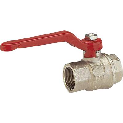 A brass ball valve with a red handle is in the closed position. The handle is rotated 90 degrees to the valve body.