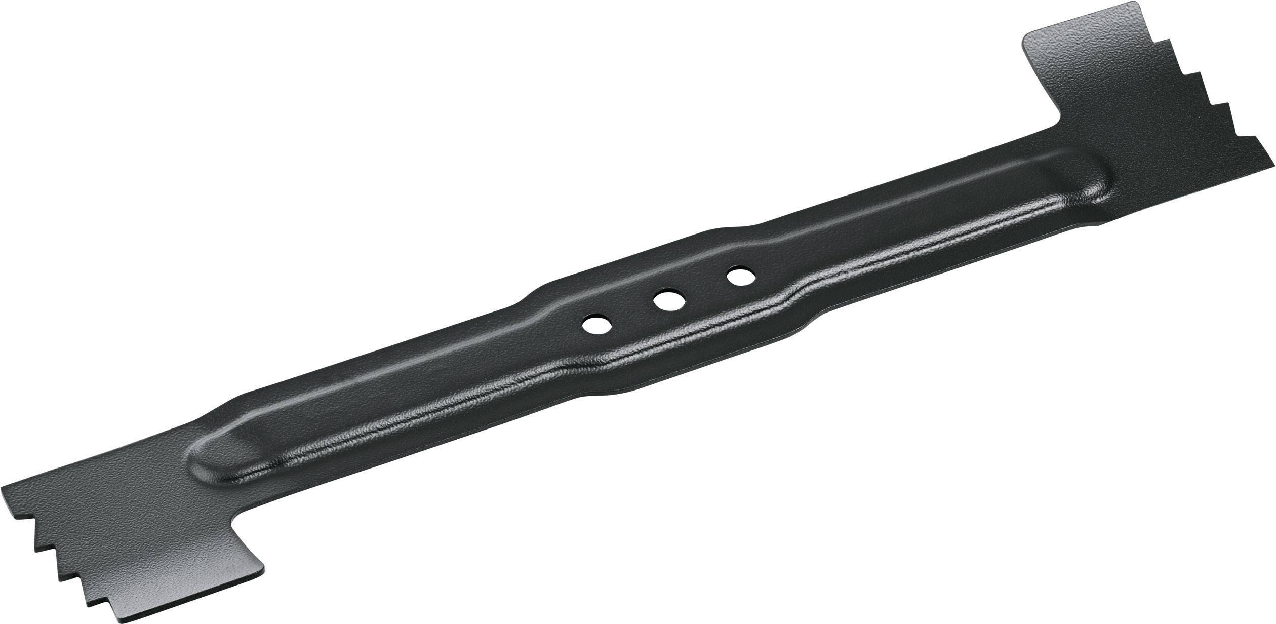 A lawnmower blade with serrated edges and central mounting holes, designed for cutting grass.