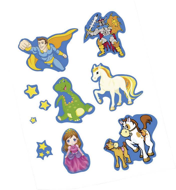 Six colourful stickers featuring a superhero, knight, dinosaur, unicorn, princess and two horses, surrounded by small stars.