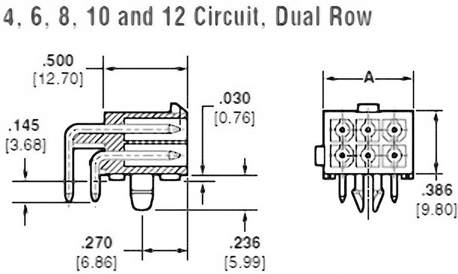'Technical drawing of an electrical connector' shows dimensions and details of the pin arrangement in two views.