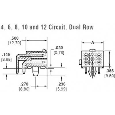 'Technical drawing of an electrical connector' shows dimensions and details of the pin arrangement in two views.