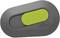 'Grey, oval plastic slider with a green, ribbed insert, marked with the text "slice".'