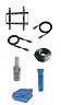 A set consisting of a wall mount, two HDMI cables, cable roll, cleaning solution, cleaning cloth, and a blue tool.