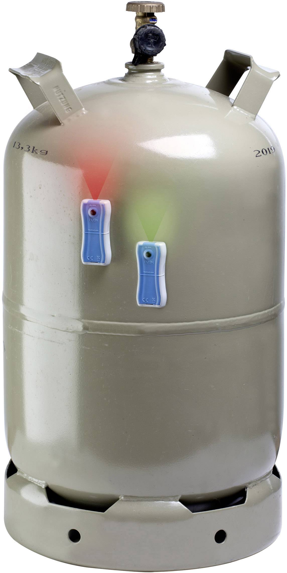 A gas cylinder with two coloured markings, one red and one green, indicating the pressure status.