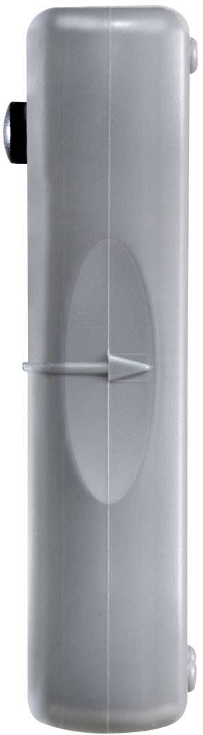 Silver, cylindrical device with a button and handle, possibly part of a tool or machine component.