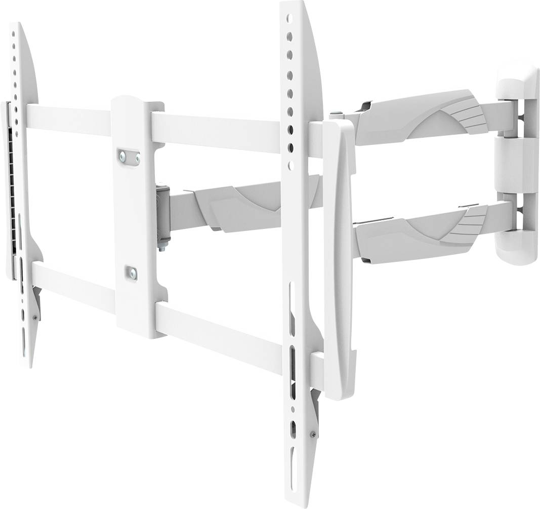 White, adjustable TV wall mount with two articulating arms and multiple mounting points.